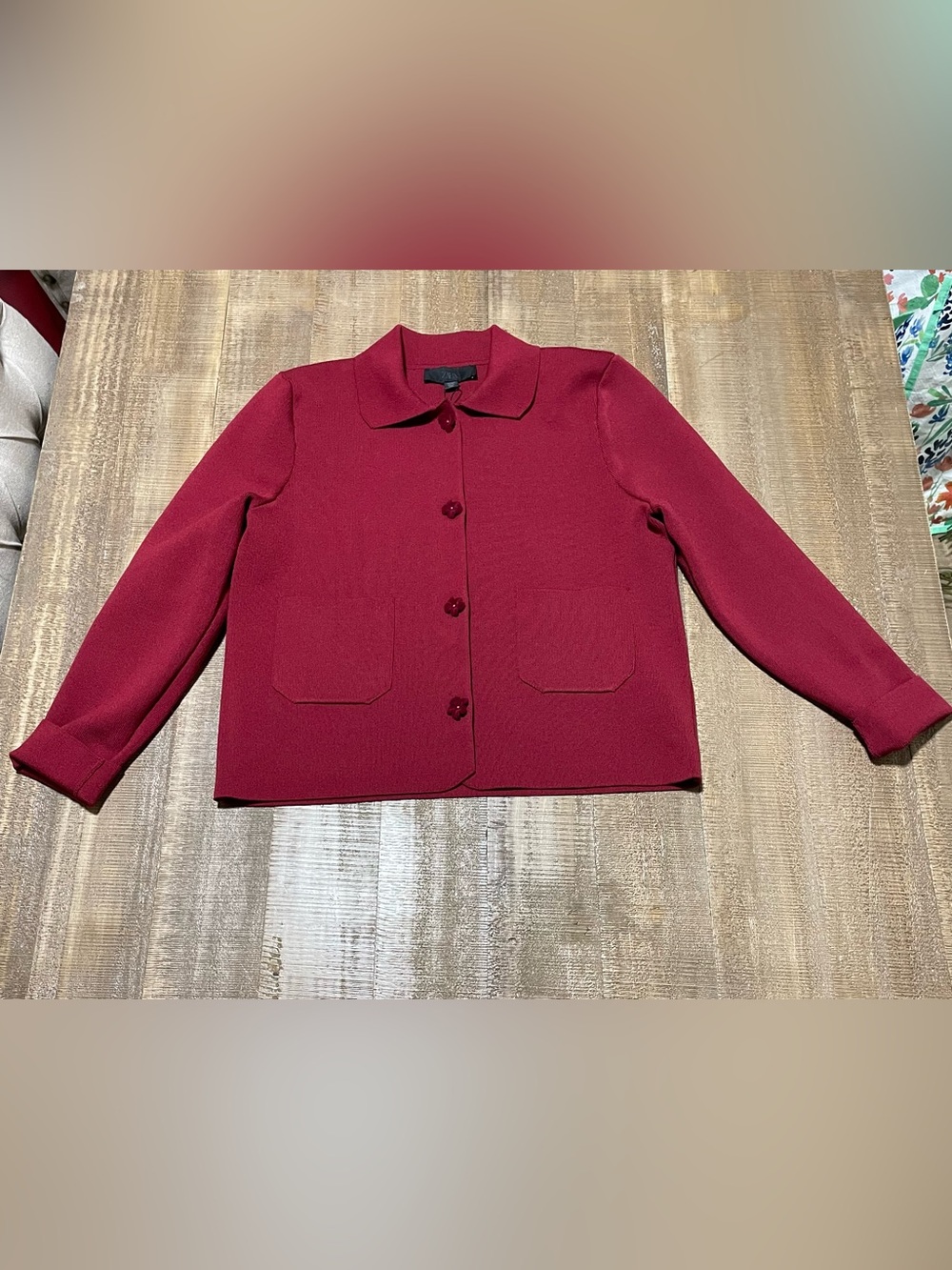 Zara Deep Wine Red Button-Up Cropped Collared Knit Blazer Jacket NEW